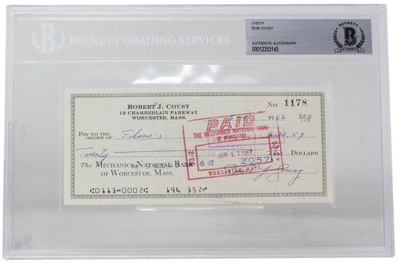 Bob Cousy Signed Boston Celtics Bank Check #1178 BGS - Sports Integrity