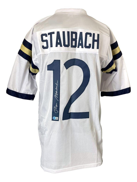 Roger Staubach Navy Signed White Football Jersey BAS