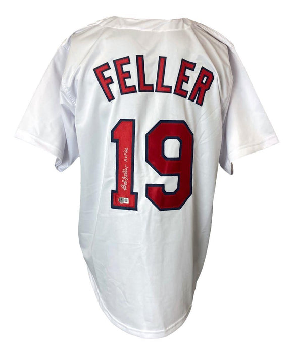 Bob Feller Cleveland Signed White Baseball Jersey HOF 62 BAS