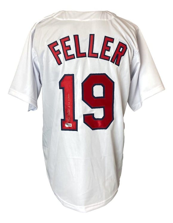 Bob Feller Cleveland Signed White Baseball Jersey 3 No Hitter BAS