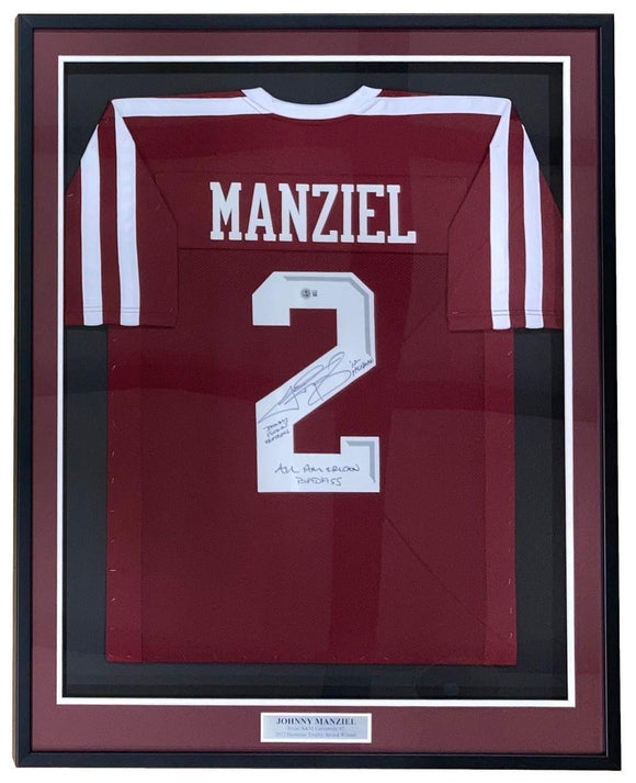 Johnny Manziel Signed Framed Maroon College Football Jersey w/ 3 Insc BAS