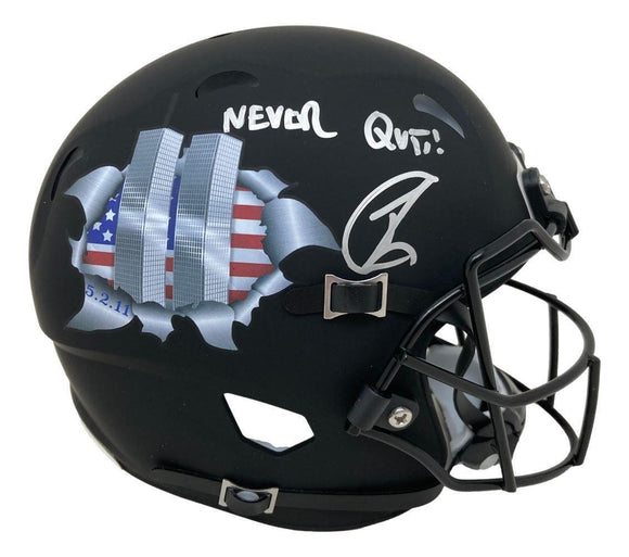 Robert O'Neill Signed Black Twin Towers Mini Helmet Never Quit Insc PSA Holo