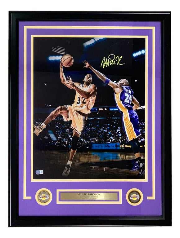 Magic Johnson Signed Framed 16x20 Lakers Photo vs Kobe Bryant BAS