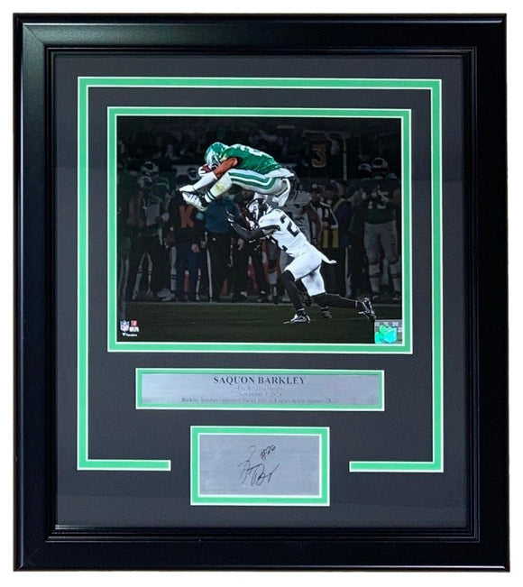 Saquon Barkley Framed 8x10 Eagles Reverse Hurdle Photo w/ Laser Engraved Auto