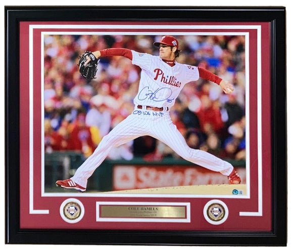 Cole Hamels Signed Framed 16x20 Phillies Photo 08 WS MVP Inscribed BAS ITP