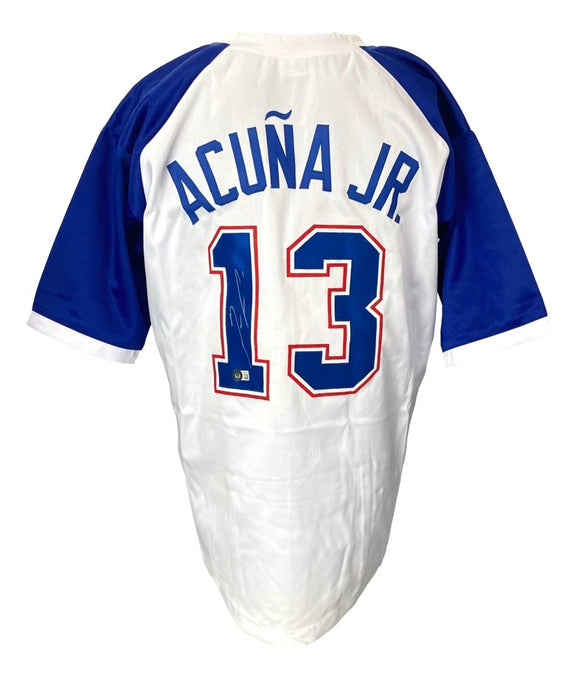 Ronald Acuna Jr Signed Custom White Throwback Pro - Style Baseball Jersey BAS ITP - Sports Integrity