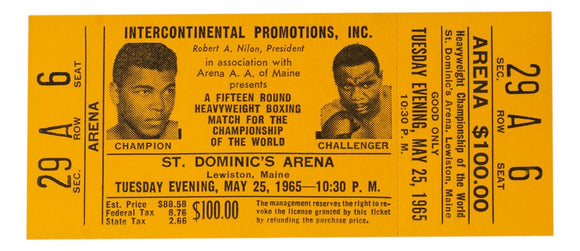 1965 Muhammad Ali Vs Sonny Liston Phantom Punch Boxing Match Orange Full Ticket - Sports Integrity