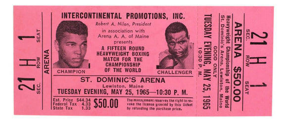 1965 Muhammad Ali Vs Sonny Liston Phantom Punch Boxing Match Pink Full Ticket - Sports Integrity