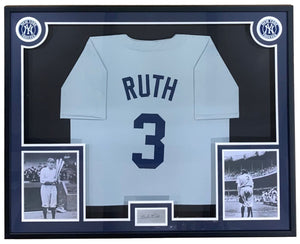 Babe Ruth New York Framed Gray Baseball Jersey w/ Laser Engraved Signature