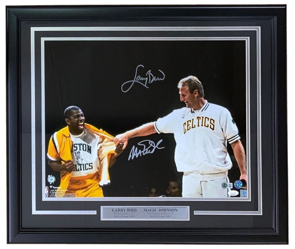 Larry Bird Magic Johnson Signed Framed 16x20 Celtics Shirt Pull Photo JSA+BAS - Sports Integrity