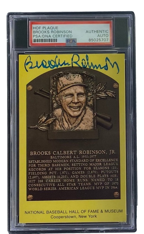 Brooks Robinson Signed 4x6 Baltimore Orioles HOF Plaque Card PSA/DNA 85025707 - Sports Integrity