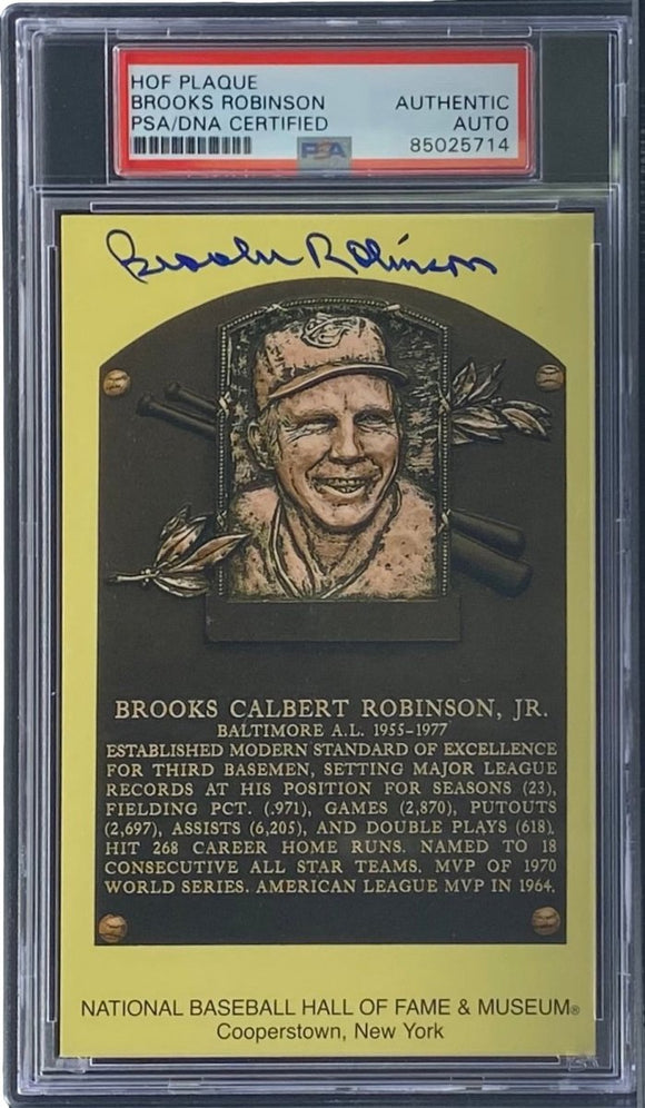 Brooks Robinson Signed 4x6 Baltimore Orioles HOF Plaque Card PSA/DNA 85025714 - Sports Integrity