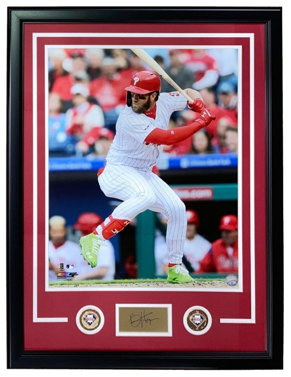 Bryce Harper Framed 16x20 Philadelphia Phillies Photo w/ Laser Engrave Signature - Sports Integrity