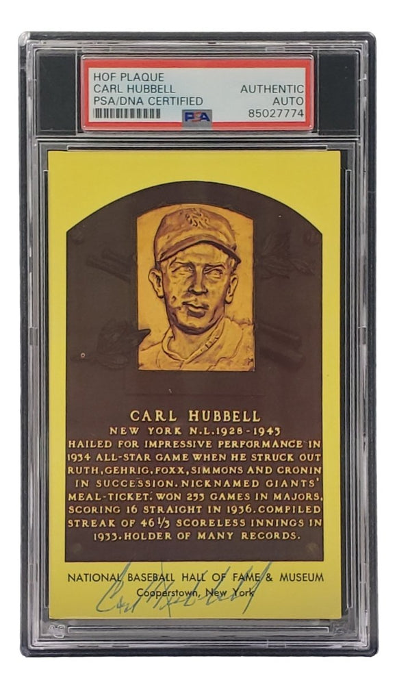 Carl Hubbell Signed 4x6 New York Giants Hall Of Fame Plaque Card PSA/DNA 85027774 - Sports Integrity