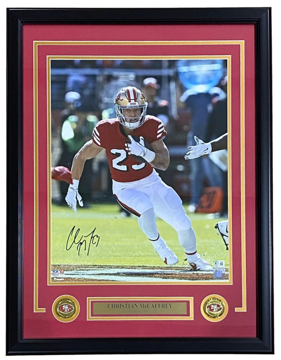 Christian McCaffrey Signed Framed 16x20 San Francisco 49ers Photo BAS - Sports Integrity