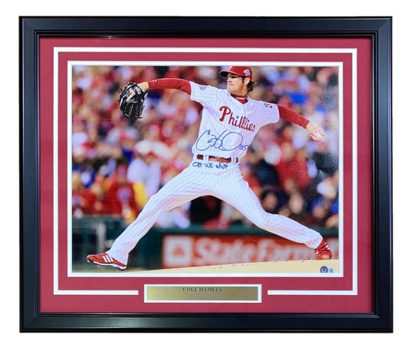 Cole Hamels Signed Framed 16x20 Phillies Photo 08 WS MVP Inscribed BAS ITP - Sports Integrity