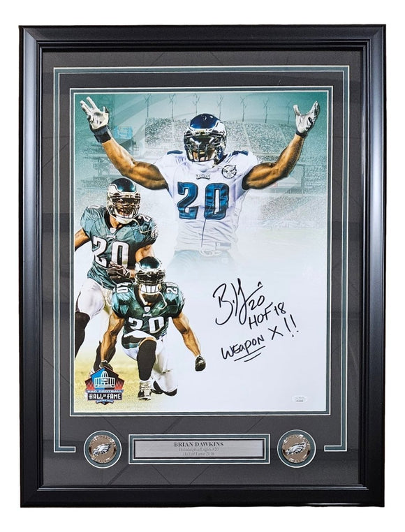 Brian Dawkins Signed Framed 16x20 Eagles White Collage Photo Weapon X HOF 18 JSA - Sports Integrity