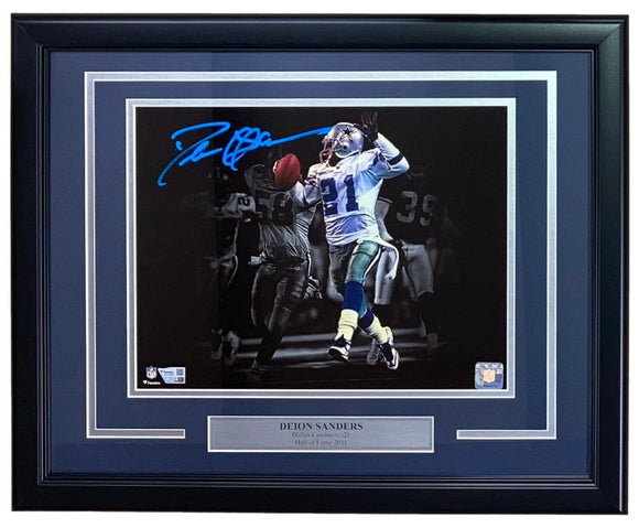 Deion Sanders Signed In Blue Framed 11x14 Dallas Cowboys Photo Fanatics - Sports Integrity