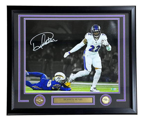 Derrick Henry Signed Framed 16x20 Baltimore Ravens White Jersey Photo BAS - Sports Integrity