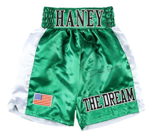 Devin Haney Signed Custom Green Boxing Trunks BAS ITP - Sports Integrity