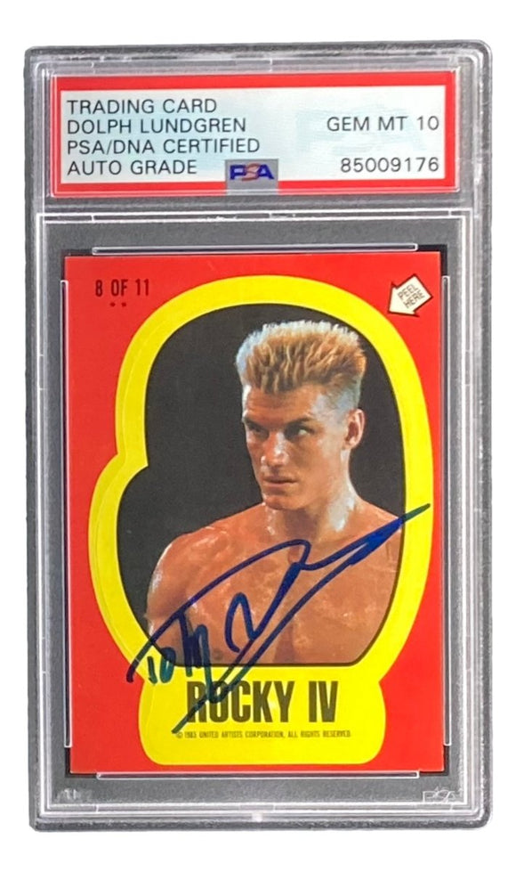 Dolph Lundgren Signed Ivan Drago 1985 Topps #8 Sticker Card PSA/DNA Gem MT 10 - Sports Integrity