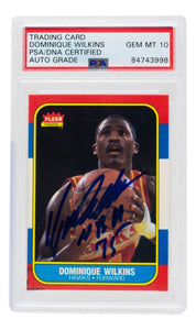 Dominique Wilkins Signed 1986 Fleer Hawks Rookie Card #121 NBA 75 Insc PSA/DNA 10 - Sports Integrity