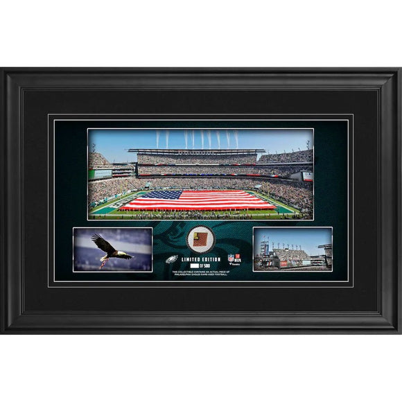 Philadelphia Eagles Framed 10x18 Stadium Panoramic w/ Game Used Football Piece - Sports Integrity