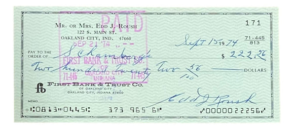 Edd Roush Cincinnati Reds Signed Bank Check #171 BAS - Sports Integrity