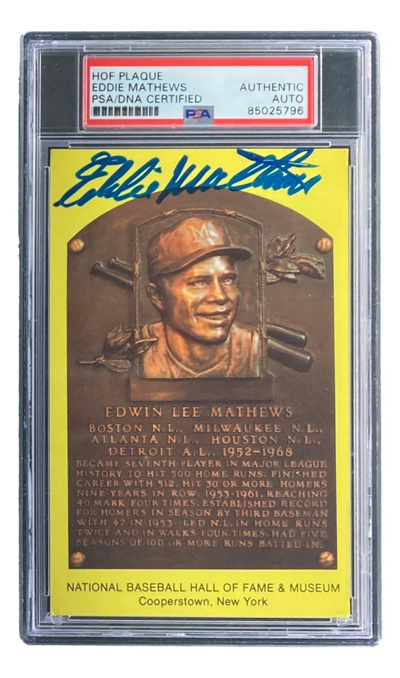 Eddie Mathews Signed 4x6 Milwaukee Braves HOF Plaque Card PSA/DNA 85025796 - Sports Integrity