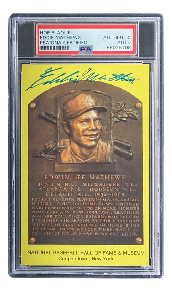 Eddie Mathews Signed 4x6 Milwaukee Braves HOF Plaque Card PSA/DNA 85025798 - Sports Integrity