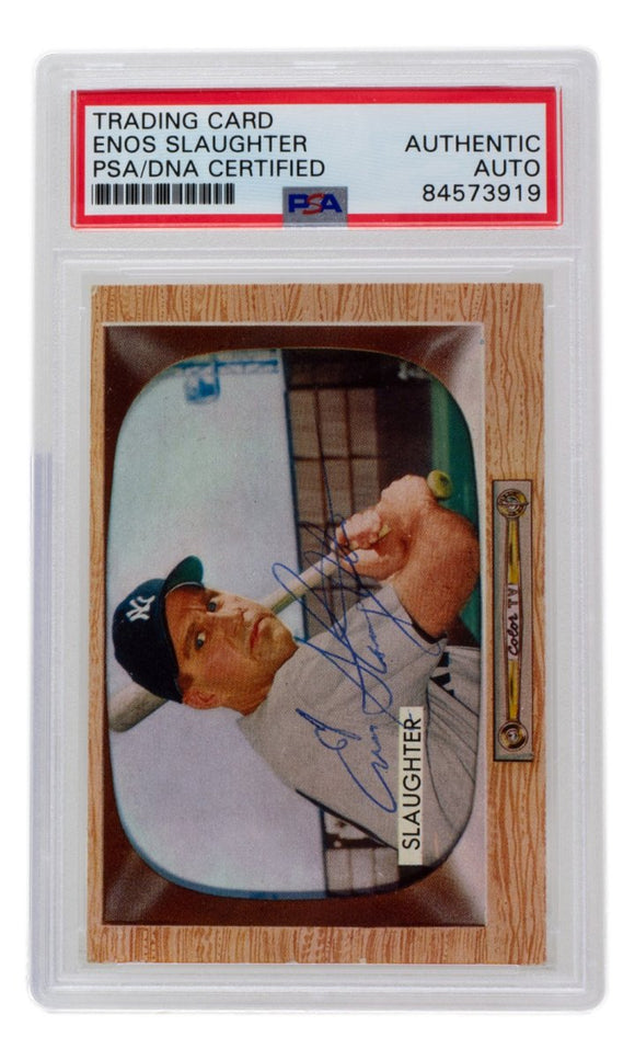 Enos Slaughter Signed 1955 Bowman New York Yankees Baseball Card #60 PSA/DNA - Sports Integrity