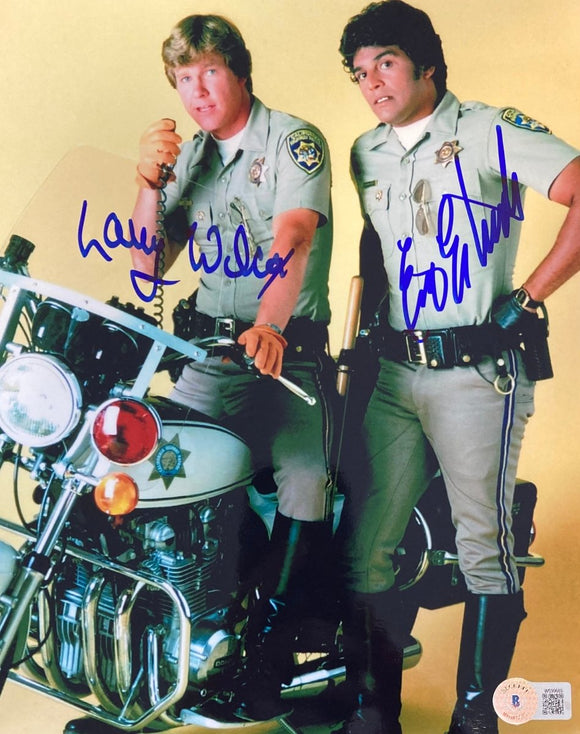 Erik Estrada Larry Wilcox Signed 8x10 CHIPS Yellow Background Photo BAS ITP - Sports Integrity