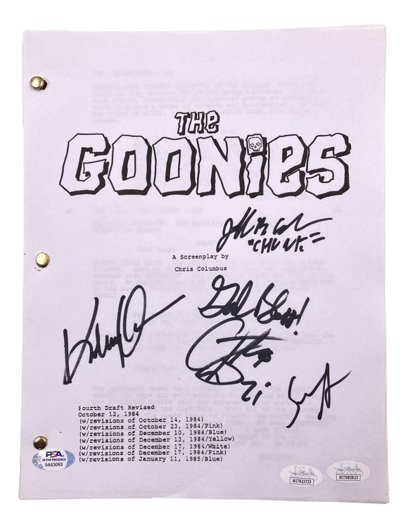 Astin Feldman Cohen Huy Quan Signed The Goonies Script God Bless Insc JSA+PSA - Sports Integrity