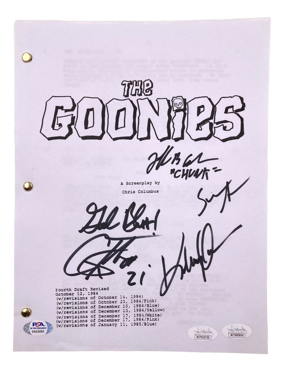 Astin Feldman Cohen Huy Quan Signed The Goonies Script 2 God Bless Insc JSA+PSA - Sports Integrity