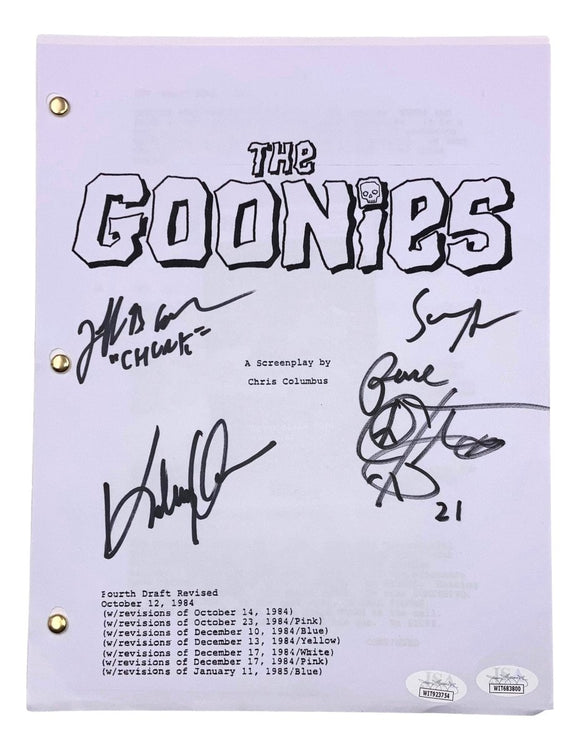 Astin Feldman Cohen Huy Quan Signed The Goonies Script Peace Inscribed JSA ITP - Sports Integrity