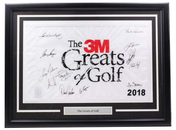 Multi Signed Framed 3M Greats of Golf Flag Jack Nicklaus Gary Player +10 BAS LOA - Sports Integrity