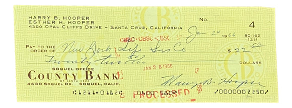 Harry Hooper Boston Red Sox Signed January 24 1966  Bank Check 2 BAS