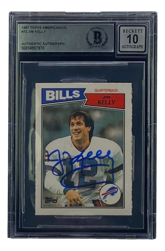 Jim Kelly Signed 1987 Topps #72 Buffalo Bills Rookie Football Card BAS Grade 10 - Sports Integrity