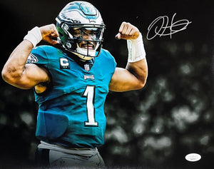 Jalen Hurts Signed Philadelphia Eagles 11x14 Football Flexing Photo JSA - Sports Integrity