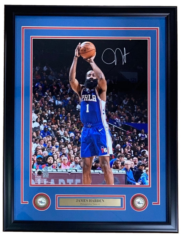 James Harden Signed Framed 16x20 Philadelphia 76ers Blue Jersey Photo BAS ITP - Sports Integrity