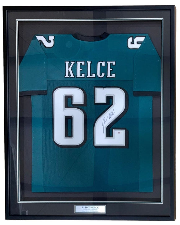 Jason Kelce Philadelphia Signed Framed Green Football Jersey PSA ITP Hologram - Sports Integrity