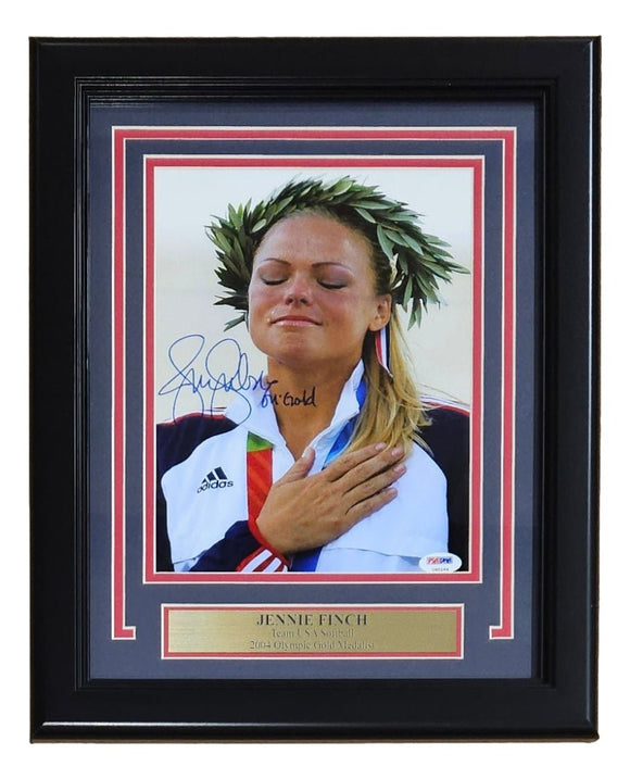 Jennie Finch Signed Framed 8x10 USA Softball Photo 04 Gold Inscribed PSA/DNA - Sports Integrity