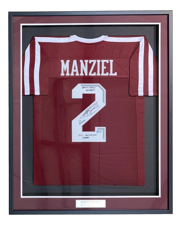 Johnny Manziel Signed Framed Maroon College Football Jersey w/ 3 Insc BAS - Sports Integrity