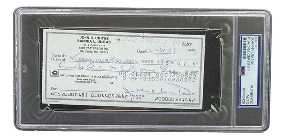 Johnny Unitas Baltimore Colts Signed Bank Check #7527 PSA - Sports Integrity