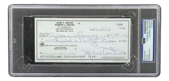 Johnny Unitas Baltimore Colts Signed Bank Check #7529 PSA - Sports Integrity