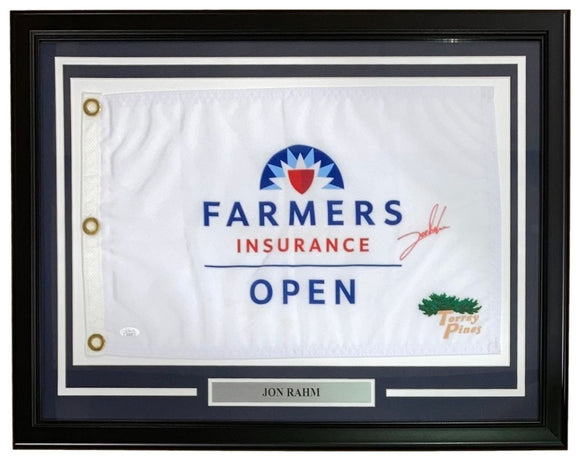 Jon Rahm Signed Framed Farmers Insurance Open Golf Flag JSA - Sports Integrity