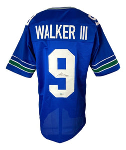 Kenneth Walker III Seattle Signed Throwback Blue Football Jersey BAS - Sports Integrity