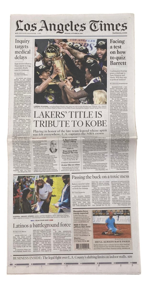 Los Angeles Lakers NBA Champions Los Angeles Times October 12, 2020 Newspaper - Sports Integrity