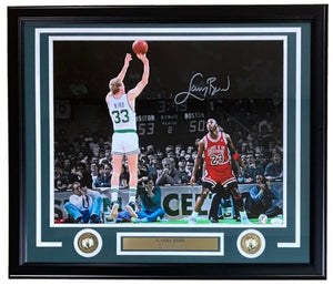 Larry Bird Signed Framed 16x20 Boston Celtics vs Michael Jordan Photo Bird+JSA - Sports Integrity