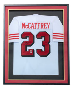 Christian McCaffrey San Francisco Signed Framed White Football Jersey JSA - Sports Integrity